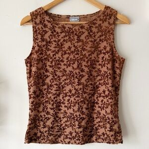 90s Y2K Rave Velvet Flocked Floral Mesh Tank Top Brown Size Large Made in USA